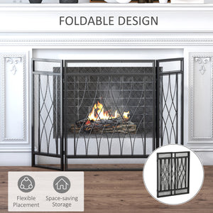 Decorative 3-panel black metal fire screen