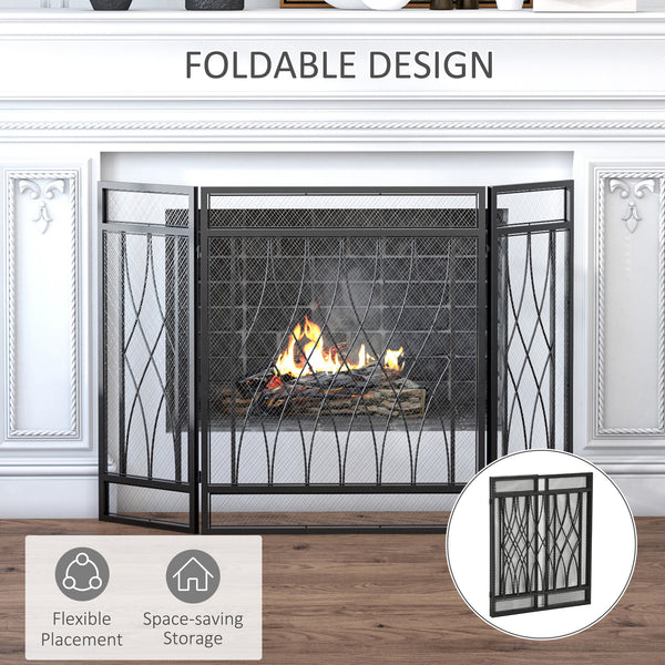 Decorative 3-panel black metal fire screen