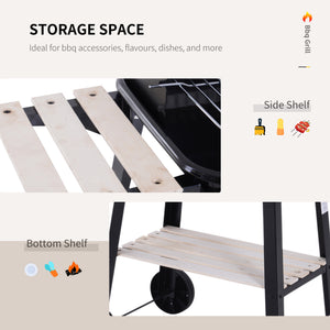 Charcoal barbecue with side shelves, storage shelf and wheels