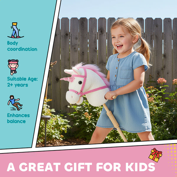 Plush Unicorn with Wooden Wheels, Neighing and Galloping Sounds, White