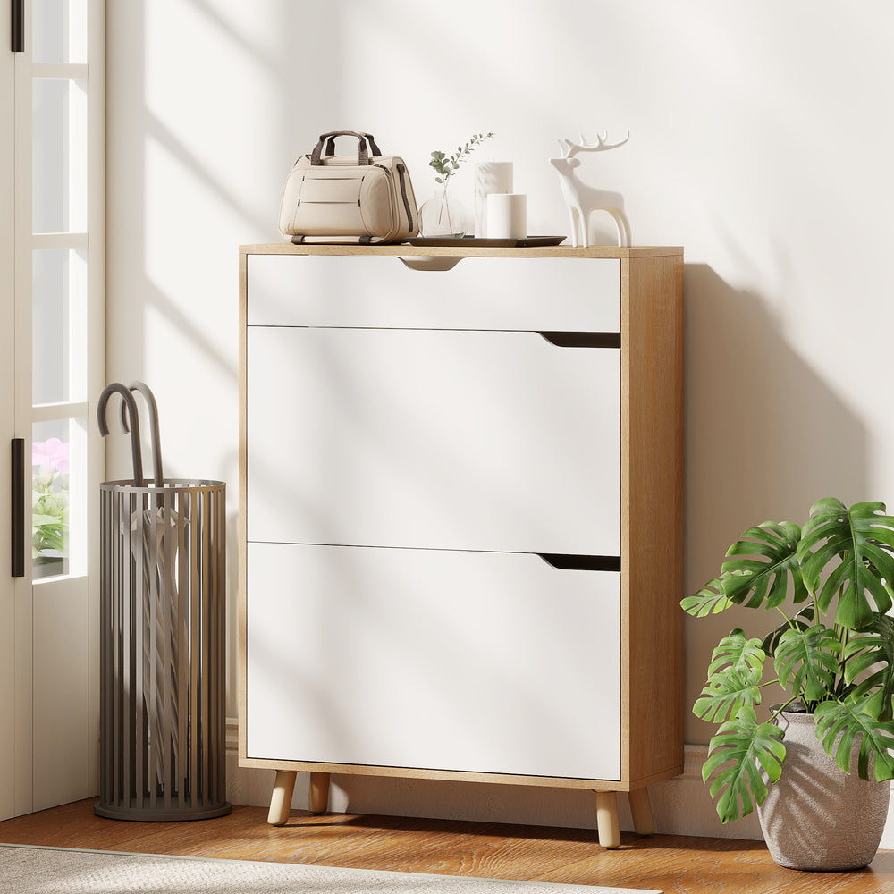 Narrow entryway shoe cabinet with 2 drop-down drawers, a top drawer and adjustable shelves for 12 pairs of shoes, white