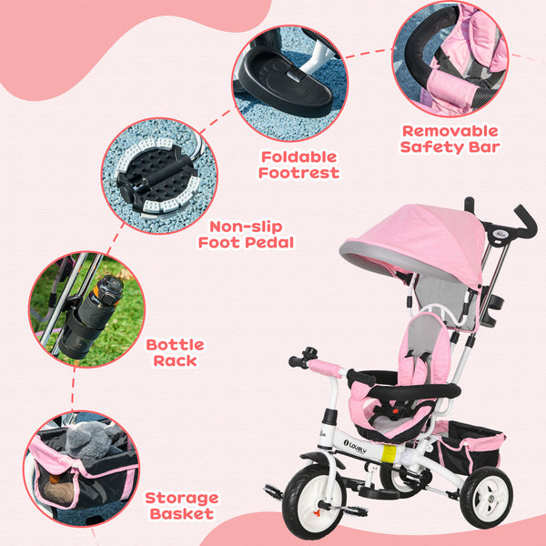 6 in 1 Tricycle with Basket, Canopy, 5-Point Safety Harness, Pink