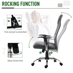 Ergonomic mesh office chair with thick padded headrest and armrests, grey.