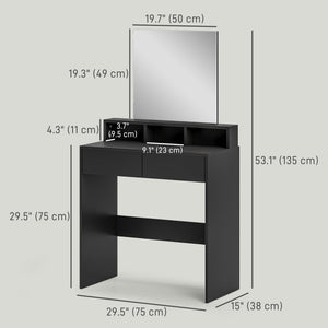 Dressing table with mirror, drawers and compartments, black