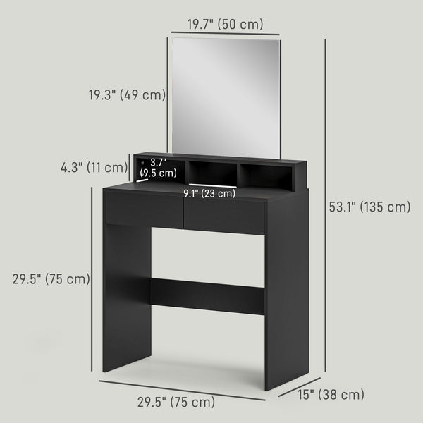 Dressing table with mirror, drawers and compartments, black