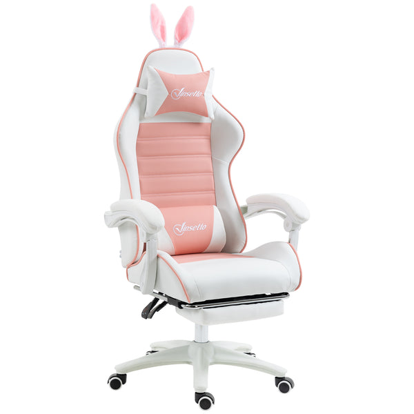 PU leather gaming chair with footrest, headrest and lumbar support, white and pink
