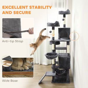 193cm Large Cat Tree for Indoor Cats with 8 Scratching Posts, 3 Soft Beds, 2 Hammocks, 2 Large Shelters and a Ramp, Dark Grey