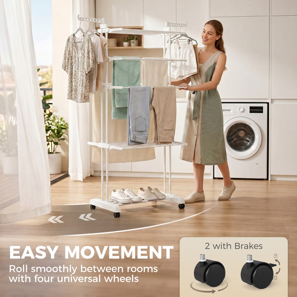 5-tier foldable clothes drying rack on wheels, white