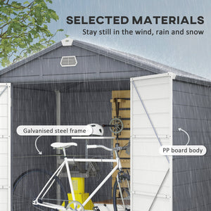 Plastic garden shed with latch door, vents, sloping roof, dark grey