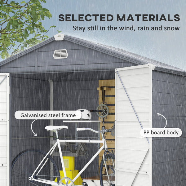 Plastic garden shed with latch door, vents, sloping roof, dark grey