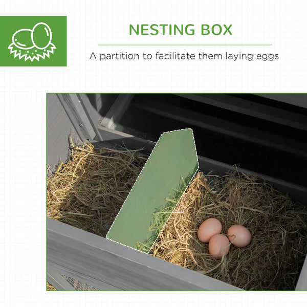 Wooden chicken coop with removable tray, nesting box, run, and ramp, grey
