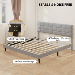 King size bed frame with upholstered headboard and wooden slats, gray