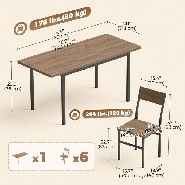 Extendable table with 6 chairs, brown and black wood effect