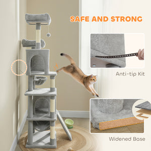 178cm Multi-Level Cat Tree with 2 Cabins, 2 Beds, Hammock, Play Balls, Light Grey