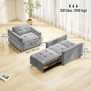 Armchair convertible into a bed with USB port, adjustable backrest, in velvet, gray