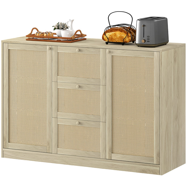 Boho Sideboard with 3 Drawers, 2 Adjustable Shelves and 4 Shelves, Natural