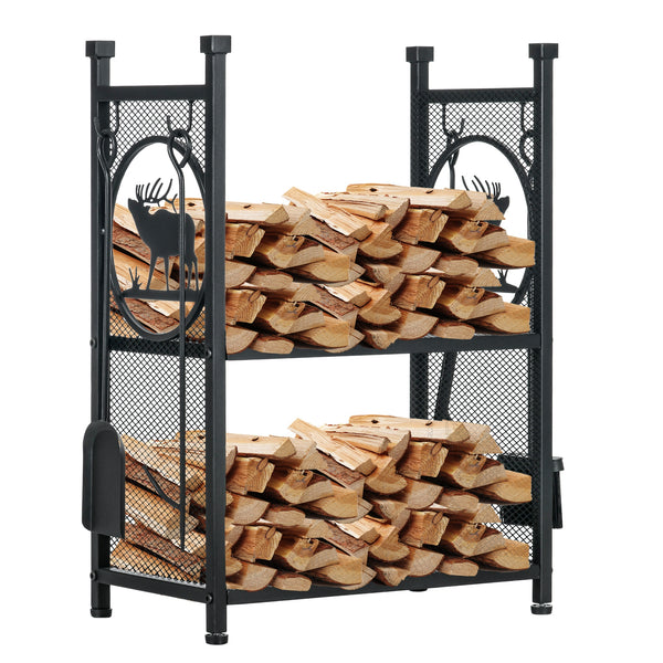 2-tier log rack with 4 accessories black