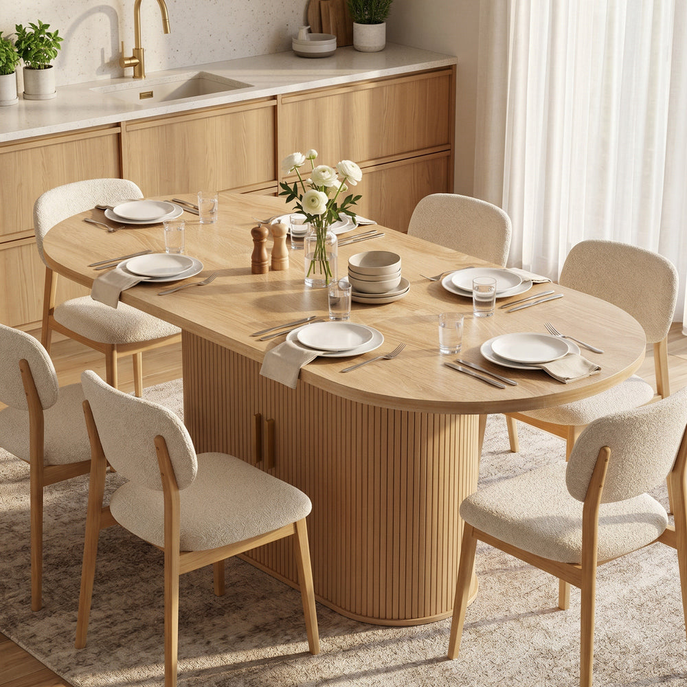 71" dining table with storage, oak finish