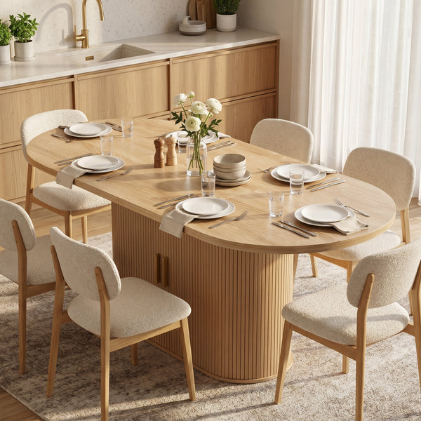 71" dining table with storage, oak finish