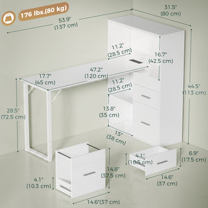 Bureau d'ordinateur 54" avec tiroirs et rangement, prises électriques et éclairage LED, blanc