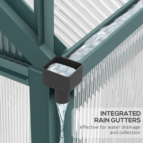 Green polycarbonate greenhouse with gutter, vents and sliding door