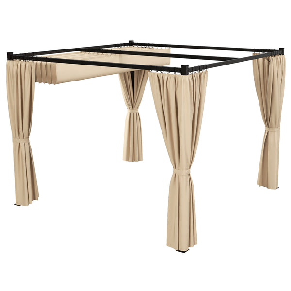 10' x 10' Retractable Pergola with Curtains, for BBQ, Patio, Deck, Beige