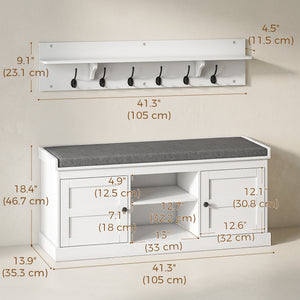 2-in-1 Set: Coat Rack and Shoe Bench with 6 Hooks and Shoe Storage, White and Grey.