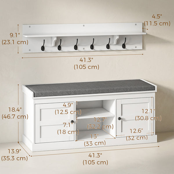 2-in-1 Set: Coat Rack and Shoe Bench with 6 Hooks and Shoe Storage, White and Grey.