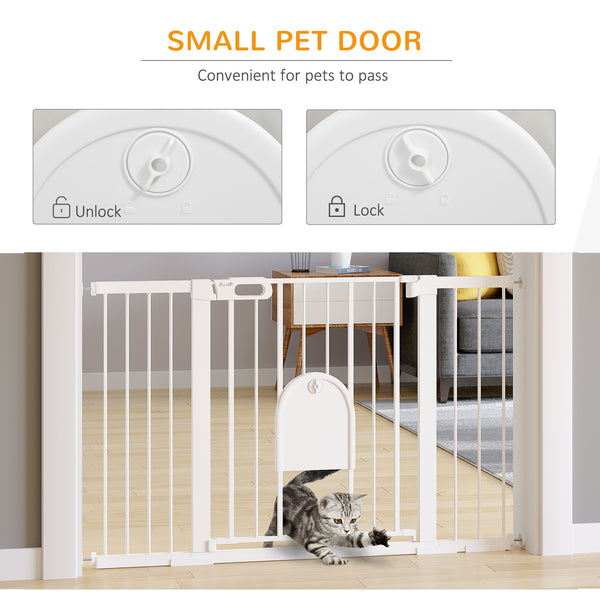 Extra-wide safety gate with small door, white