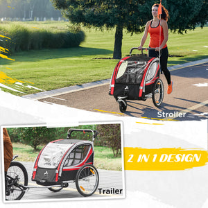 2-seater bicycle trailer with handbrake, 5-point harness, red