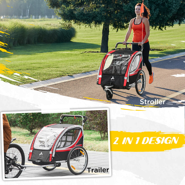 2-seater bicycle trailer with handbrake, 5-point harness, red