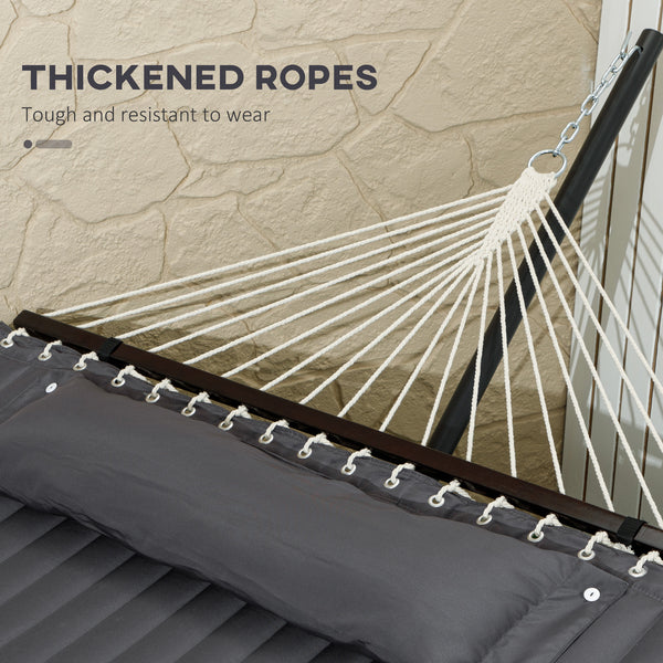 Outsunny 2 Person Hammock, Quilted Double Hammock with Stand, Pillow and Spreader Bars, for Outdoor Camping, Beach, Dark Grey 