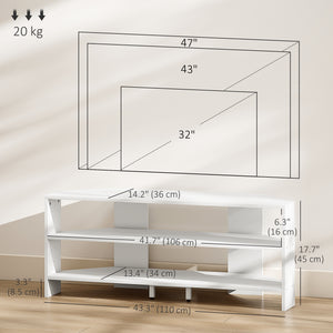 Corner TV cabinet with 2 open shelves for 47 inch TV, white