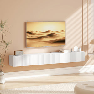 71" Floating Wall-Mounted TV Unit for TVs up to 72 inches, Multimedia Console with 2 Fluted Drop-Down Doors, Cable Management, White