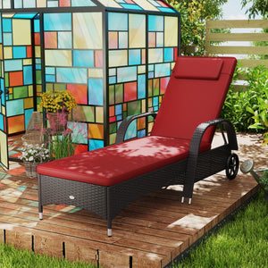 Chaise longue with headrest, 5-level adjustable, backrest, casters, deep coffee and wine red