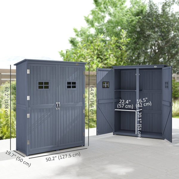 Wooden garden shed for tools with windows and double door, dark grey