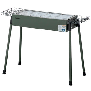 Portable charcoal barbecue with side spice baskets, dark green