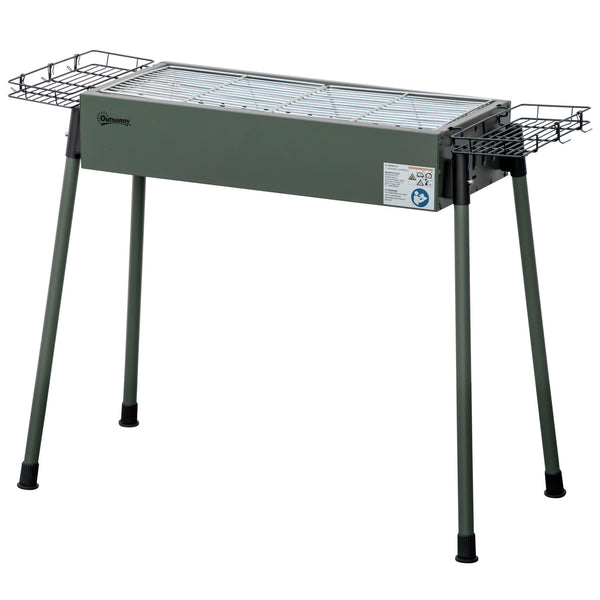 Portable charcoal barbecue with side spice baskets, dark green