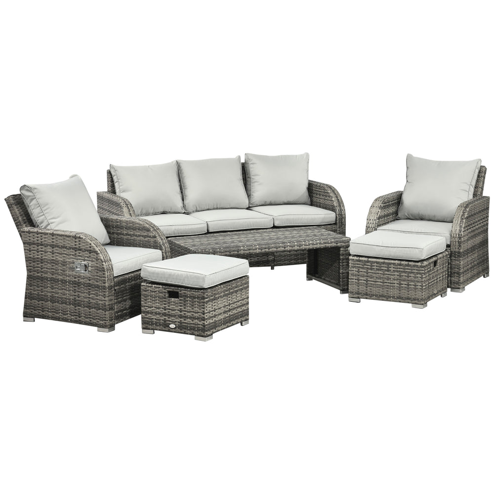6-Piece Outdoor Dining Set with Cushions, PE Wicker Rattan Corner Sofa with 3-Seater Sofa, 2 Recliner Armchairs, 2 Footstools and Table, Grey