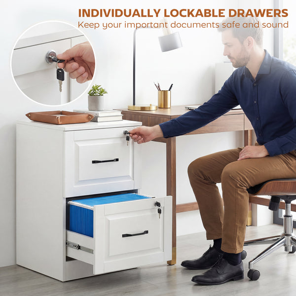 2-drawer vertical filing cabinet with lock, adjustable hanging rails for A4 and Letter sizes, white