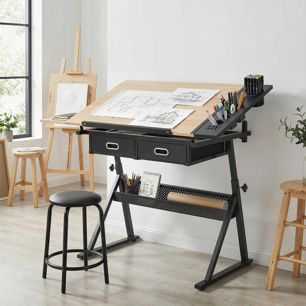 Adjustable Drafting Table with Stool and Storage Drawers for Painting, Oak