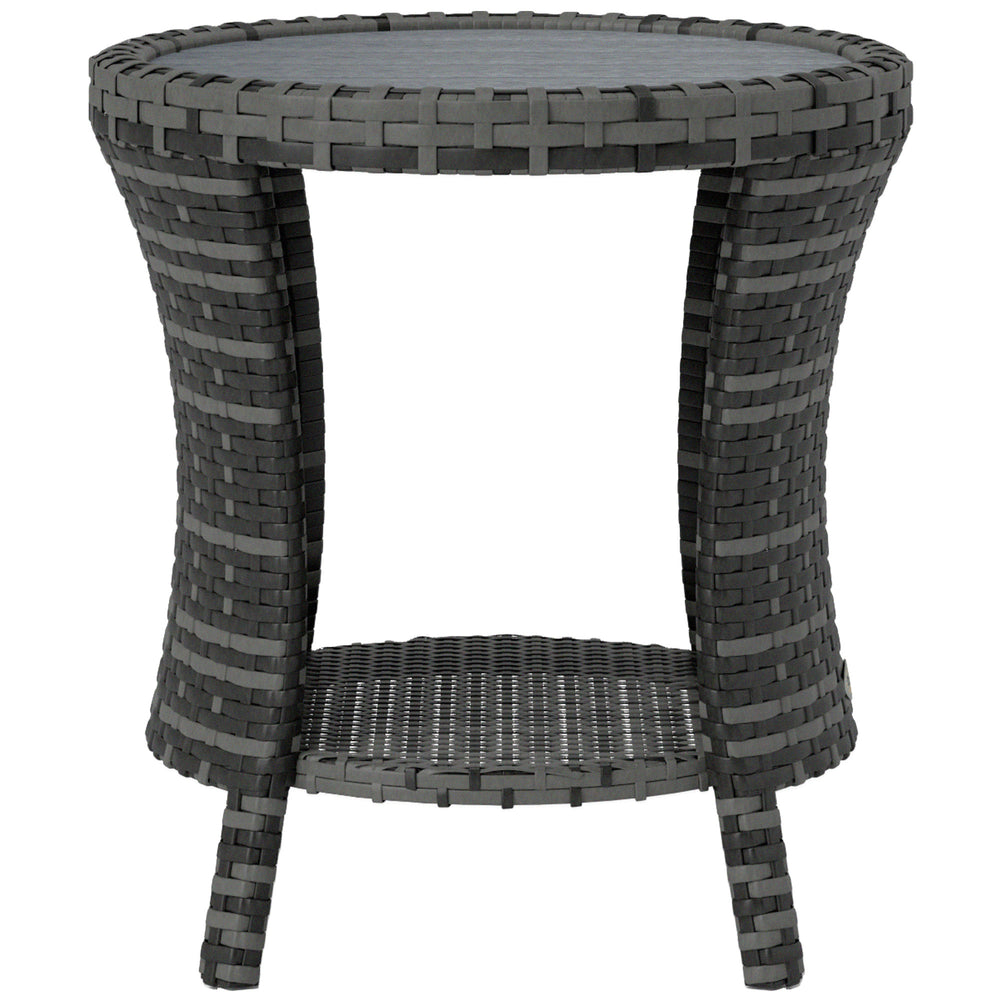 18" Wicker Outdoor Coffee Table, PE Rattan Patio Side Table with 2-Tier Storage, Composite Wood Top, Grey