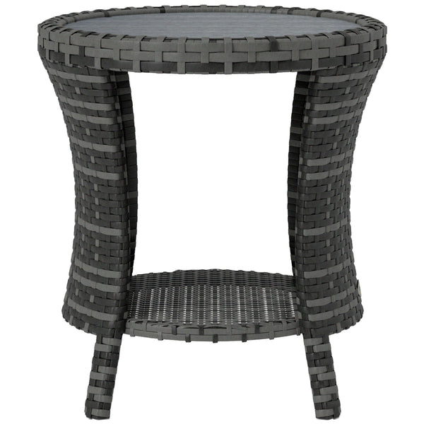 18" Wicker Outdoor Coffee Table, PE Rattan Patio Side Table with 2-Tier Storage, Composite Wood Top, Grey