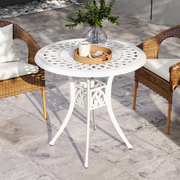 30-inch Round Patio Dining Table with Umbrella Hole Cast Aluminium Outdoor Bistro Table, White