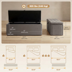 141 L storage ottoman bench, tufted velvet seat and lift-top lid – Gray