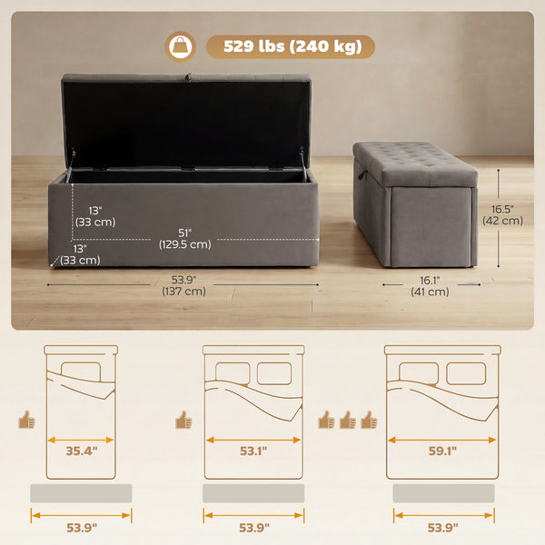 141 L storage ottoman bench, tufted velvet seat and lift-top lid – Gray