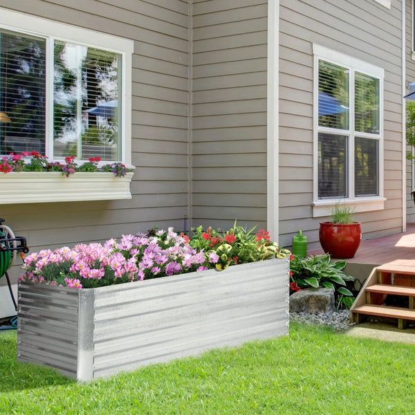 Galvanized raised planter with reinforced stakes, silver