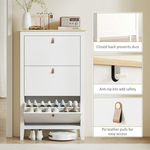 Narrow white and oak-effect shoe cabinet with 3 tilt drawers – 15 to 21 pairs