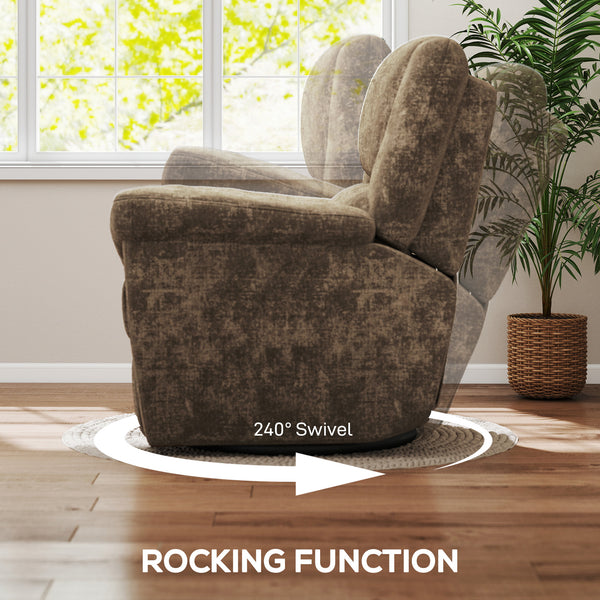 Electric reclining armchair, upholstered in fabric, with USB ports, swivel and rocking function, and footrest, Brown