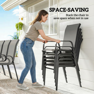 9-piece patio set with stackable chairs and glass tabletop for garden, patio, or yard, dark grey 
